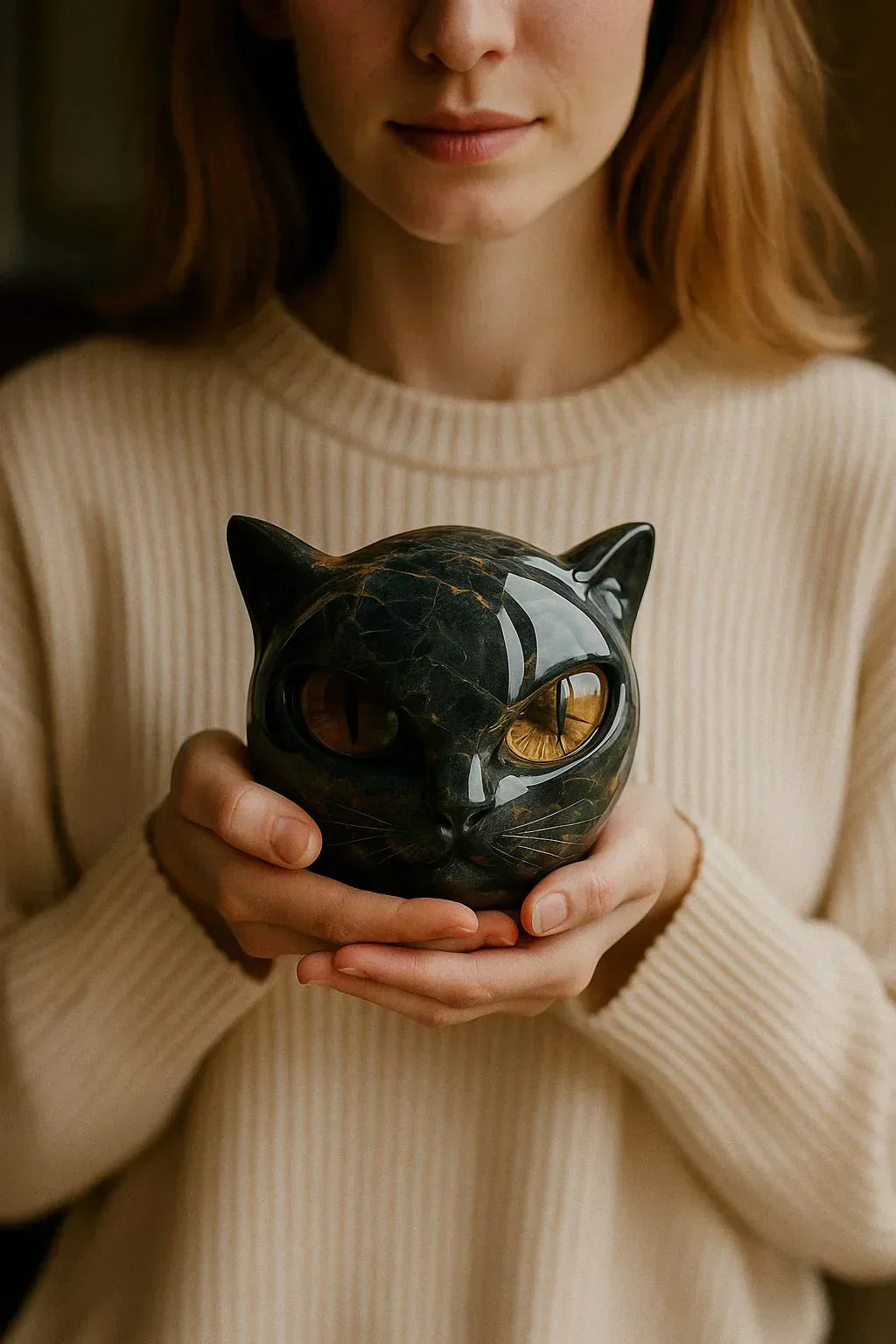 Lunaris - Escultura de Cabeça de Gato Negro Místico