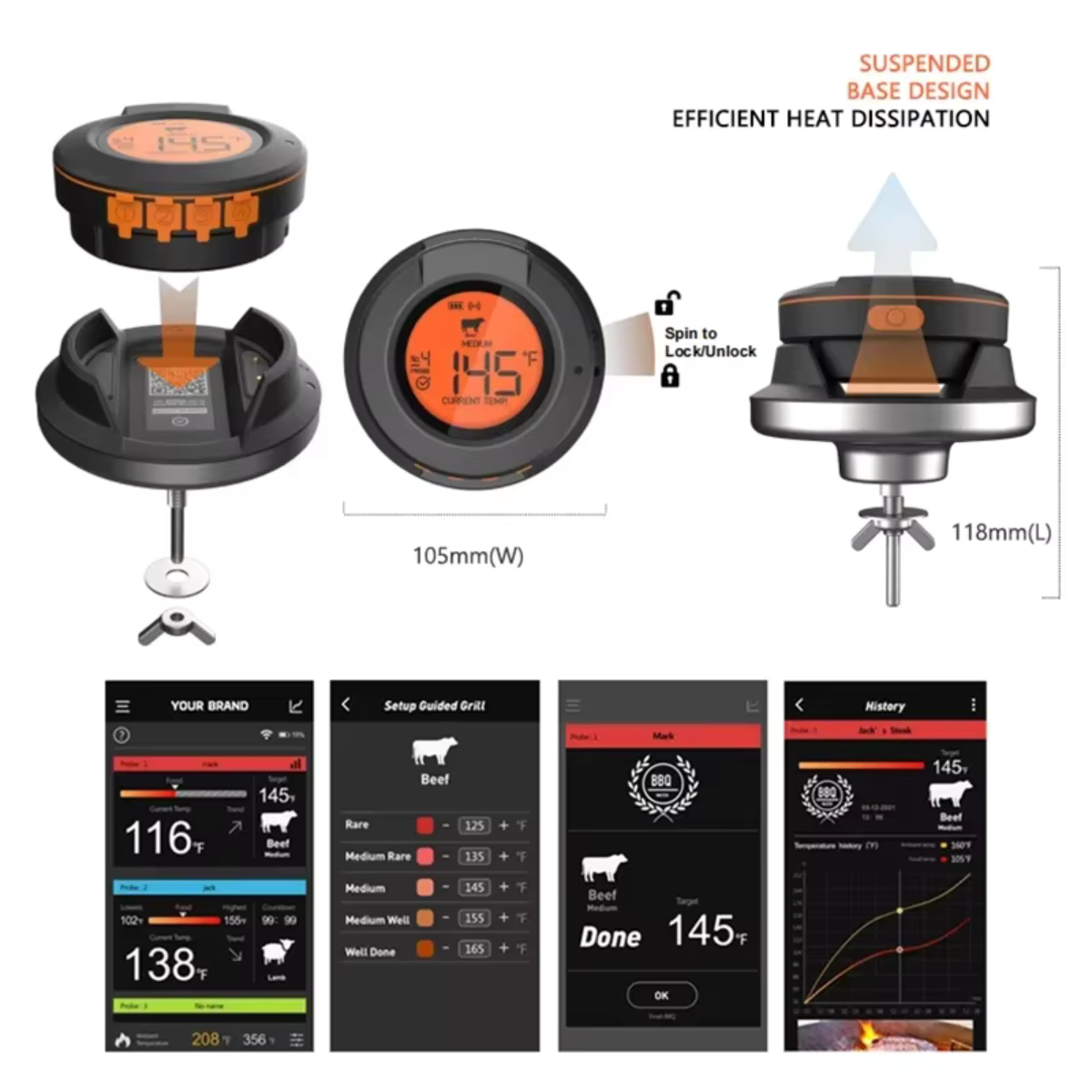 Termómetro de temperatura Ai BBQ + App móvel gratuita