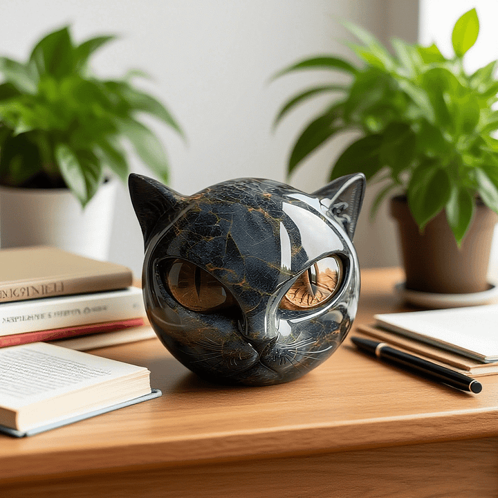 Lunaris - Escultura de Cabeça de Gato Negro Místico