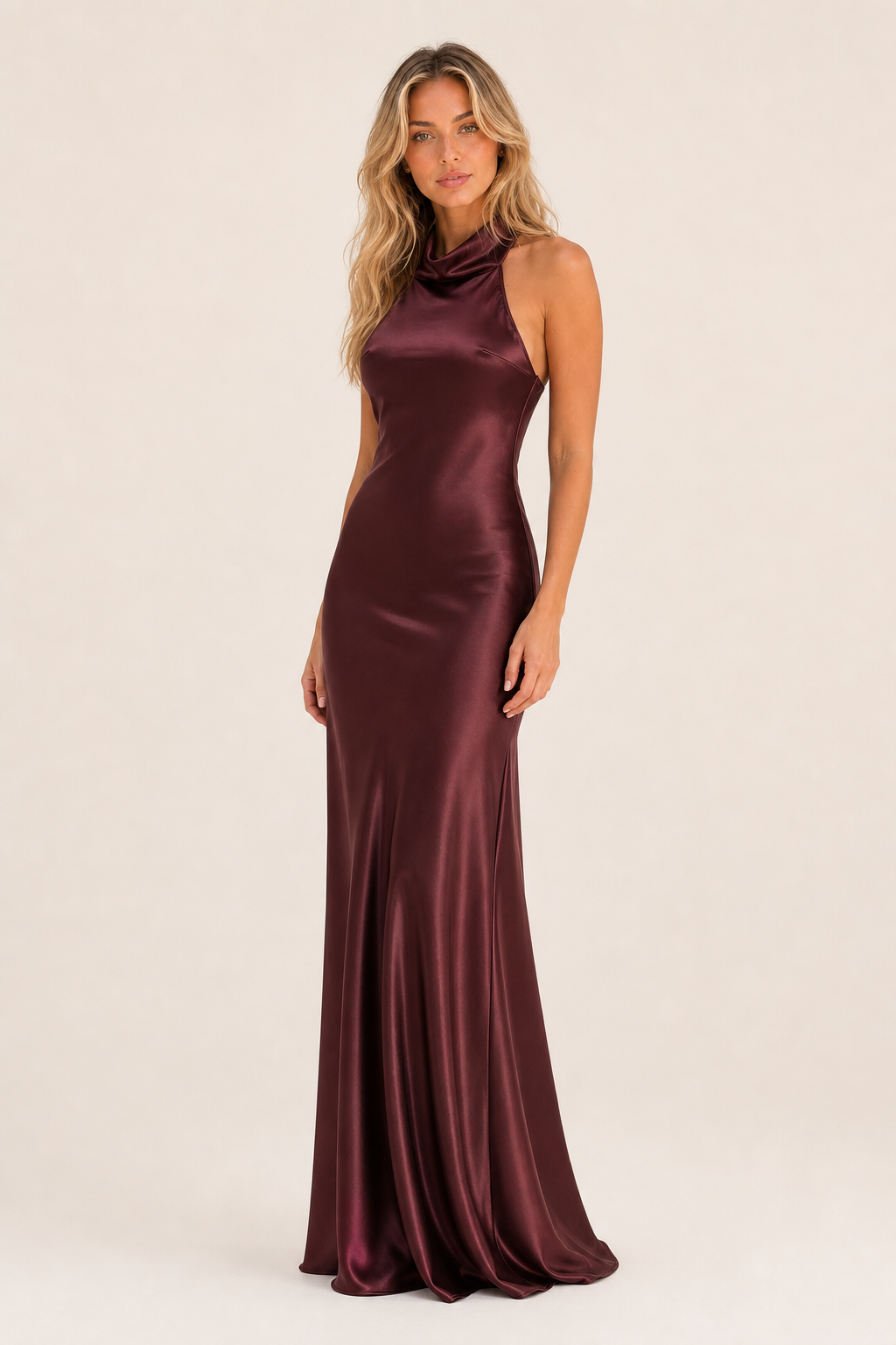 Amanda | Open-Back Halter Satin Maxi Dress