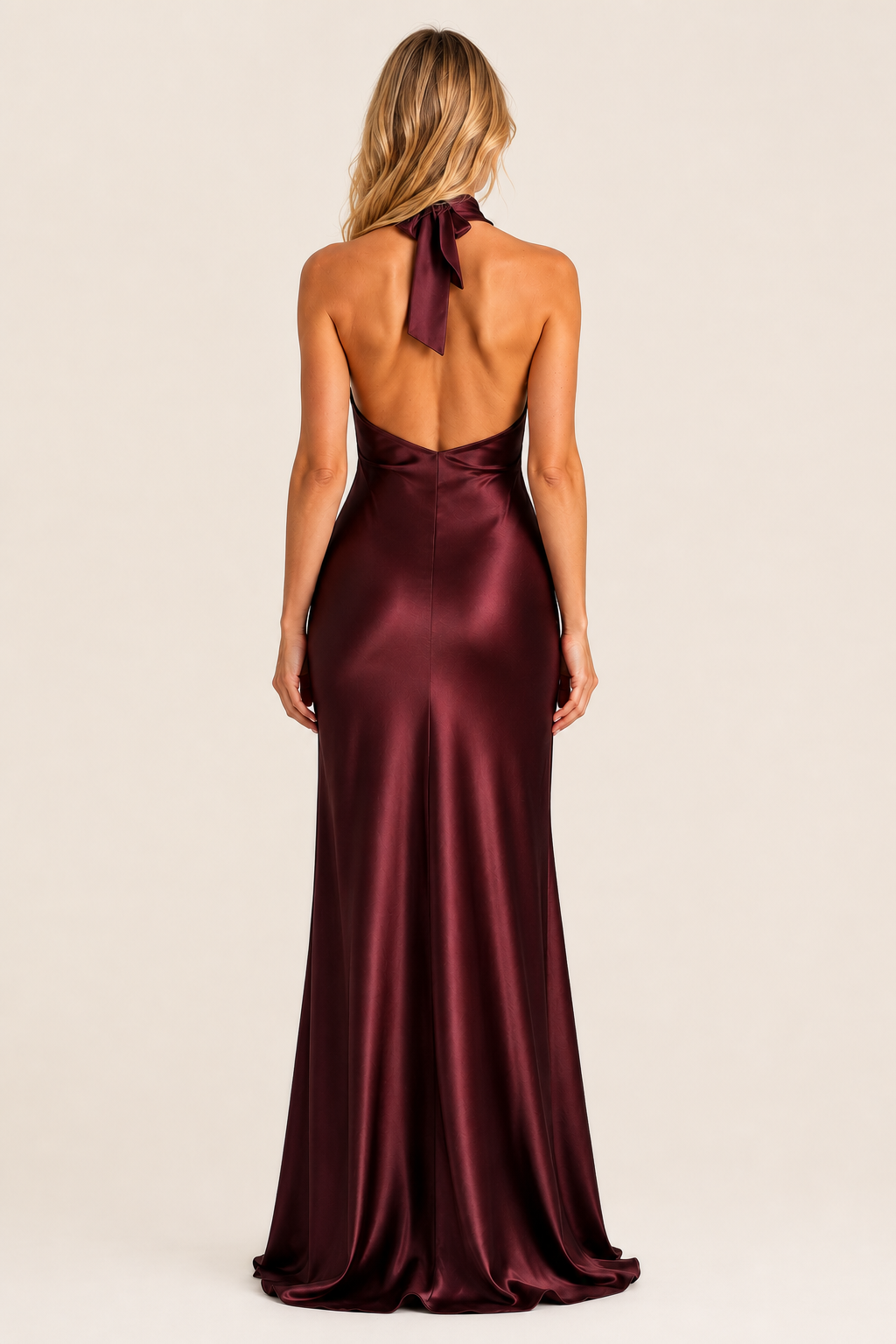 Amanda | Open-Back Halter Satin Maxi Dress