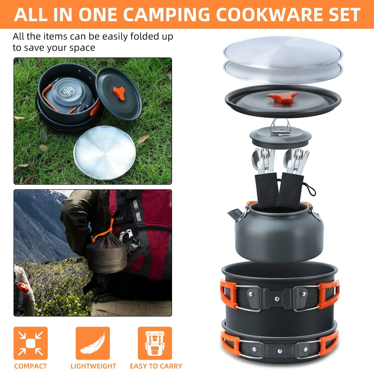 CampFire Cuisine - Jogo de utensílios e louça de camping de 17 peças