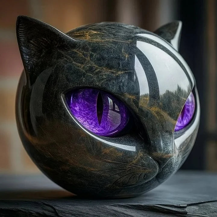 Lunaris - Escultura de Cabeça de Gato Negro Místico