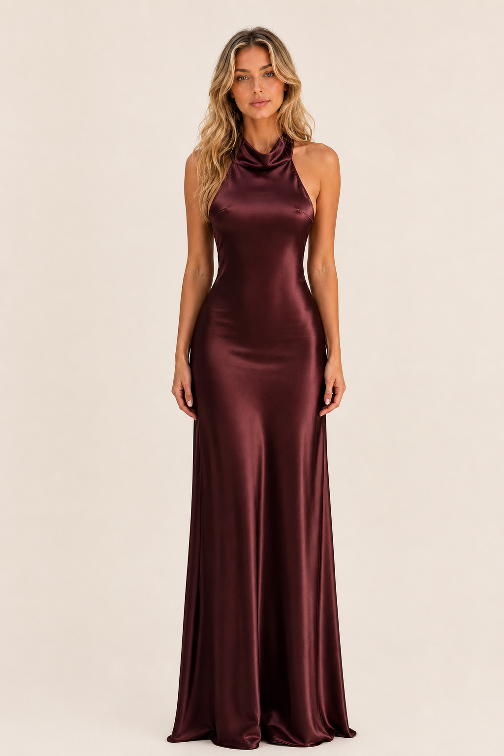 Amanda | Open-Back Halter Satin Maxi Dress