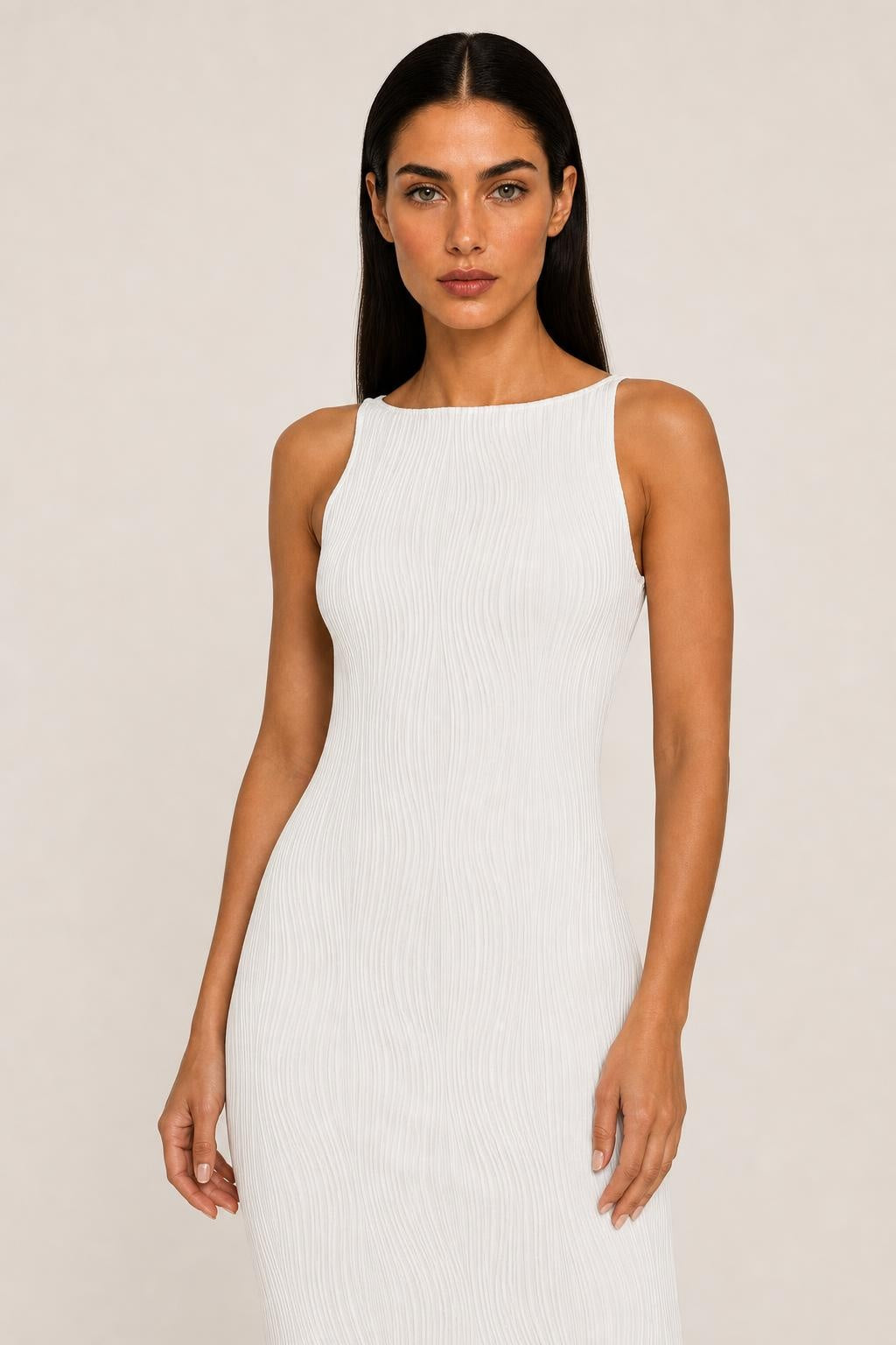 Adriana | Sleeveless Textured High-Neck Midi Dress
